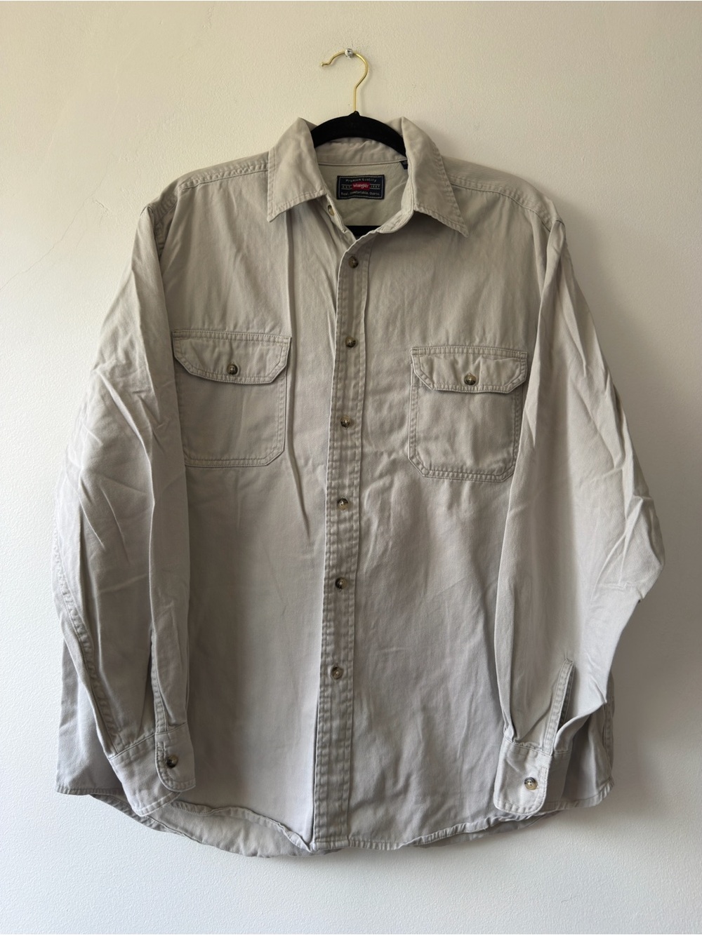 Wrangler Mens Tan Khaki Cotton Twill Long Sleeve Button Down Work Shirt Large